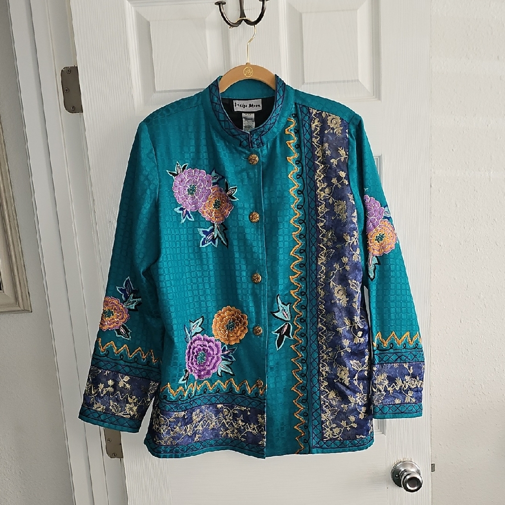 Indigo Moon Teal Jacket with Colorful Embroidery